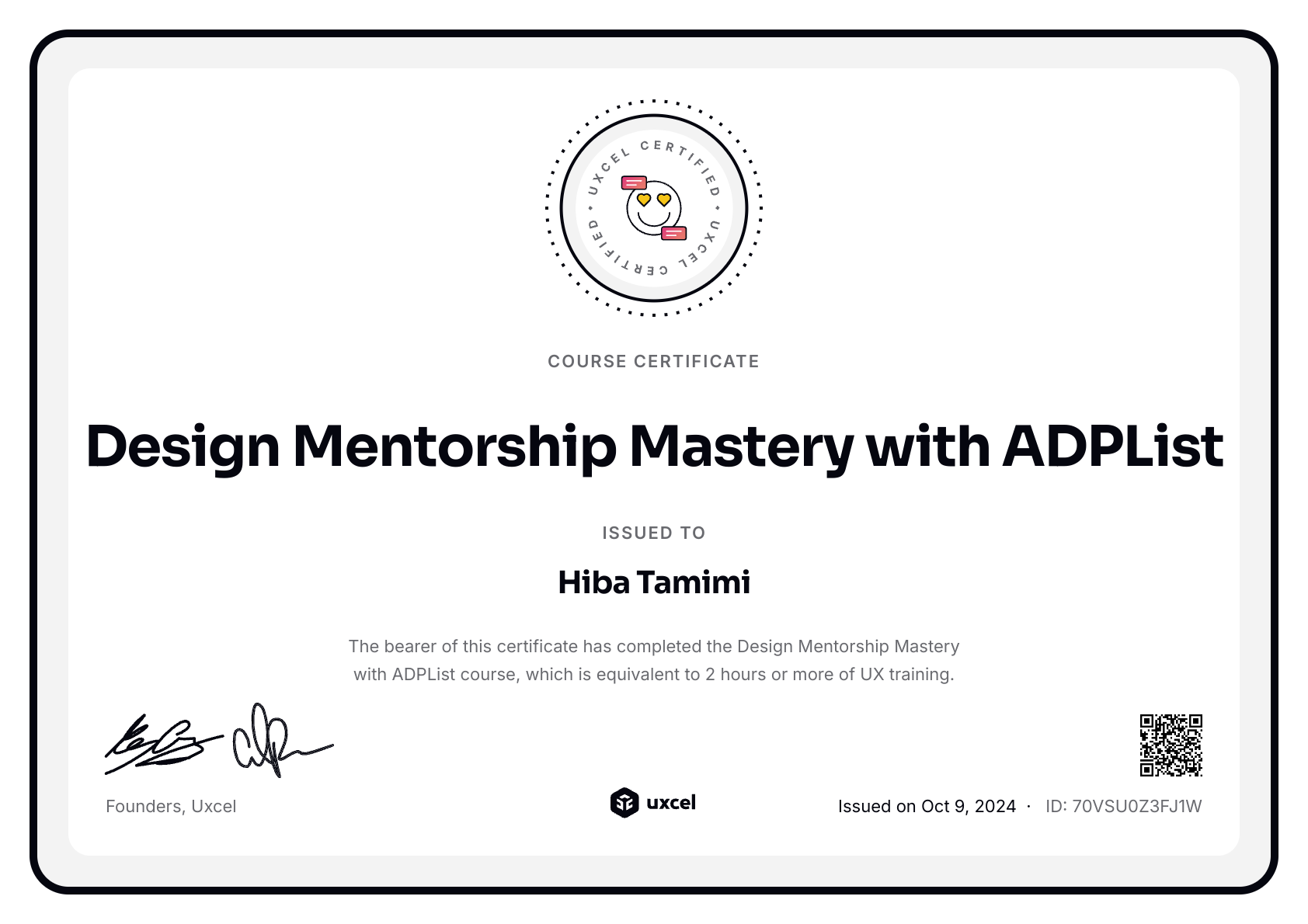 Hiba Tamimi's certificate